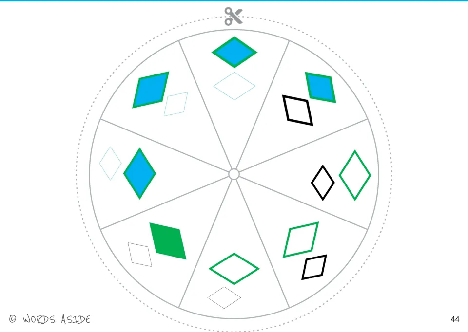 Cut-out shape spinner: eight rhombus pairs in varied orientations, with blue and green fills or outlines