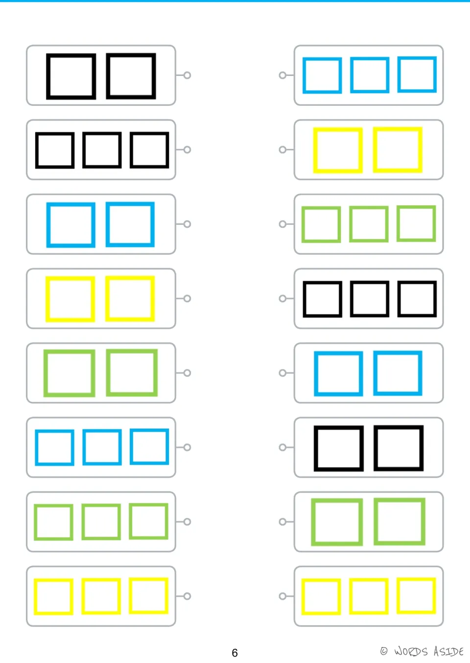 Shape matching activity: eight pairs of groups of two or three squares in black, blue, yellow, and green