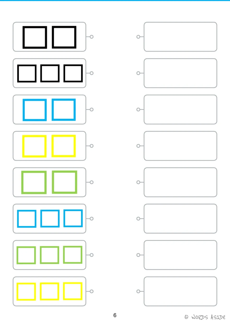Shape activity: eight groups of two or three black, blue, yellow, and green squares to match or reproduce