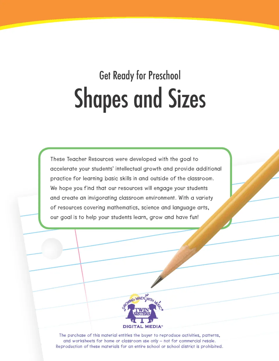 Get Ready for Preschool: Shapes and Sizes cover from Twin Sisters with a note on basic skills practice and a pencil