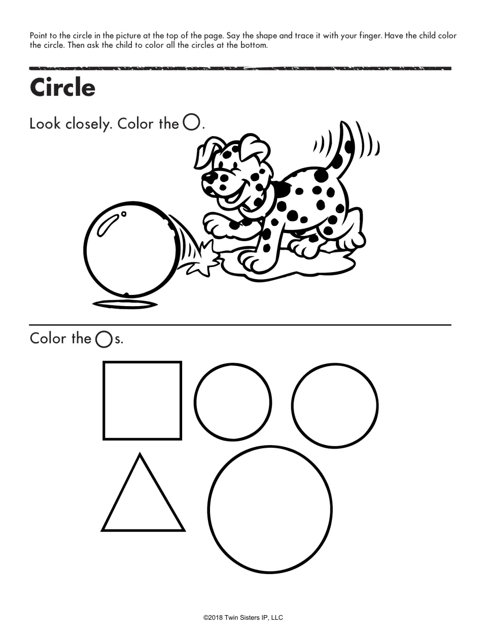 Circle: students color the ball a puppy is kicking, then color the 3 circles among a square and triangle below
