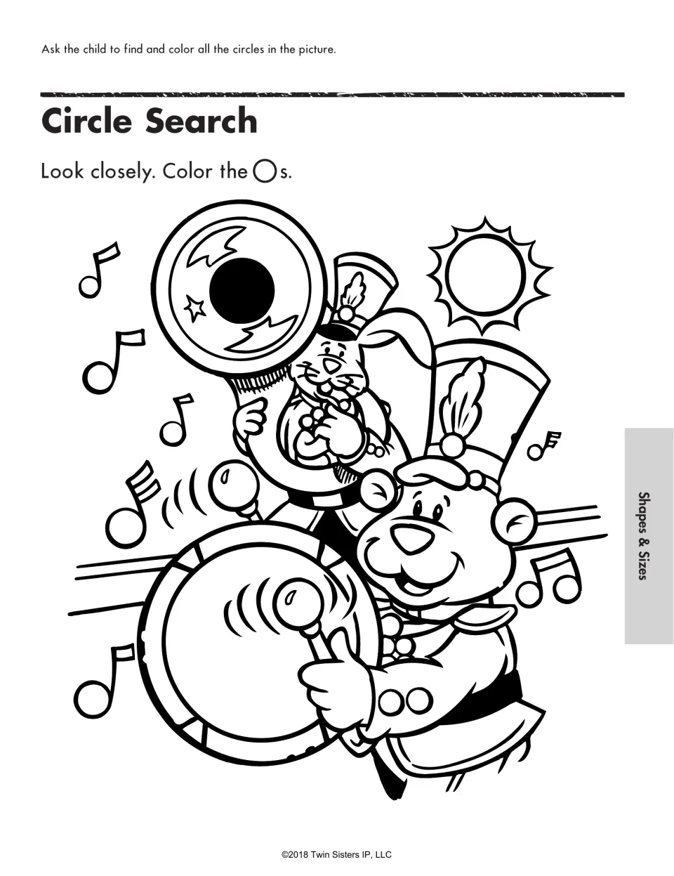 Circle Search: students find and color circles in a marching band scene with a bear drummer, a tuba, the sun and notes