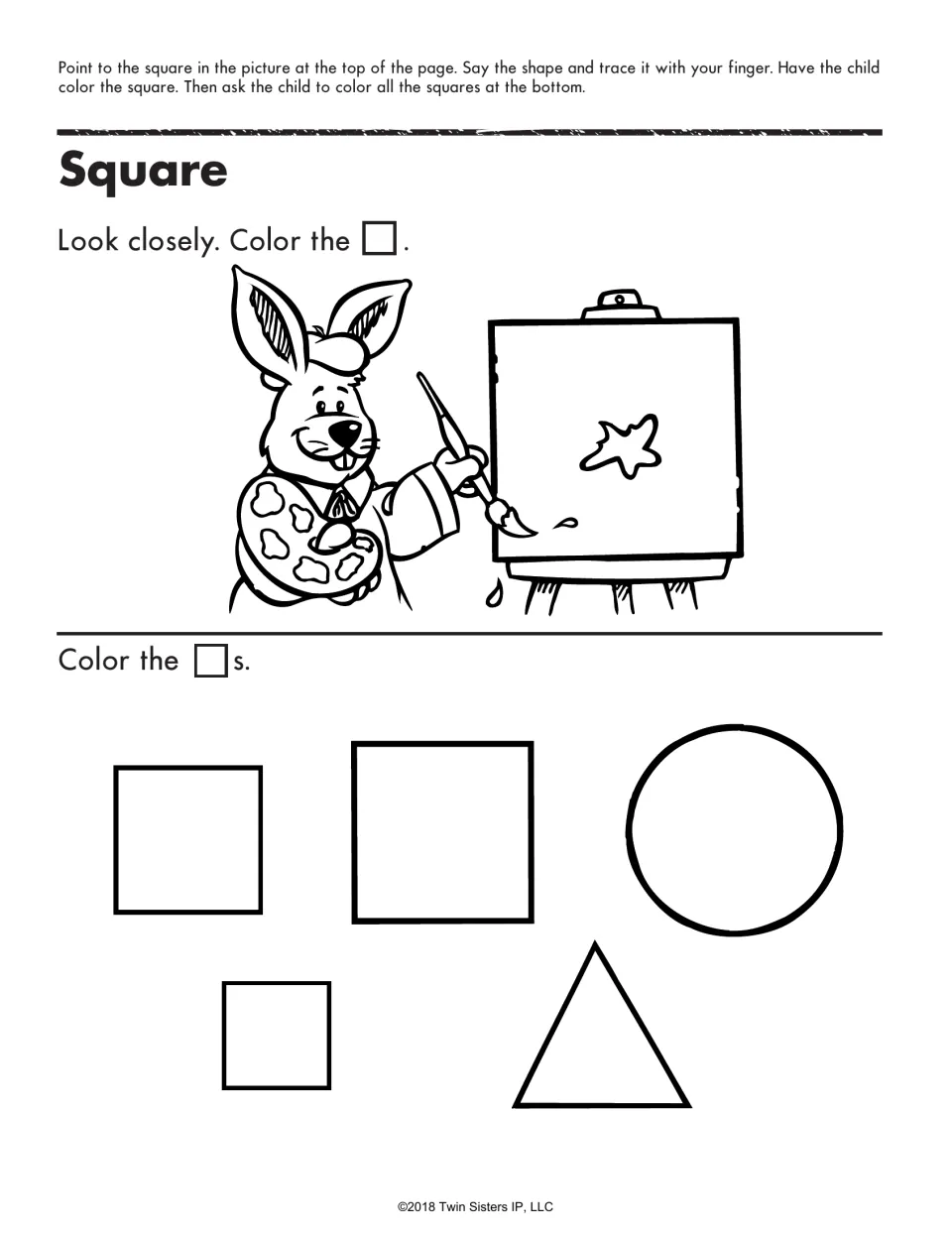 Square: students color a rabbit painter's square canvas, then color the 3 squares beside a circle and triangle