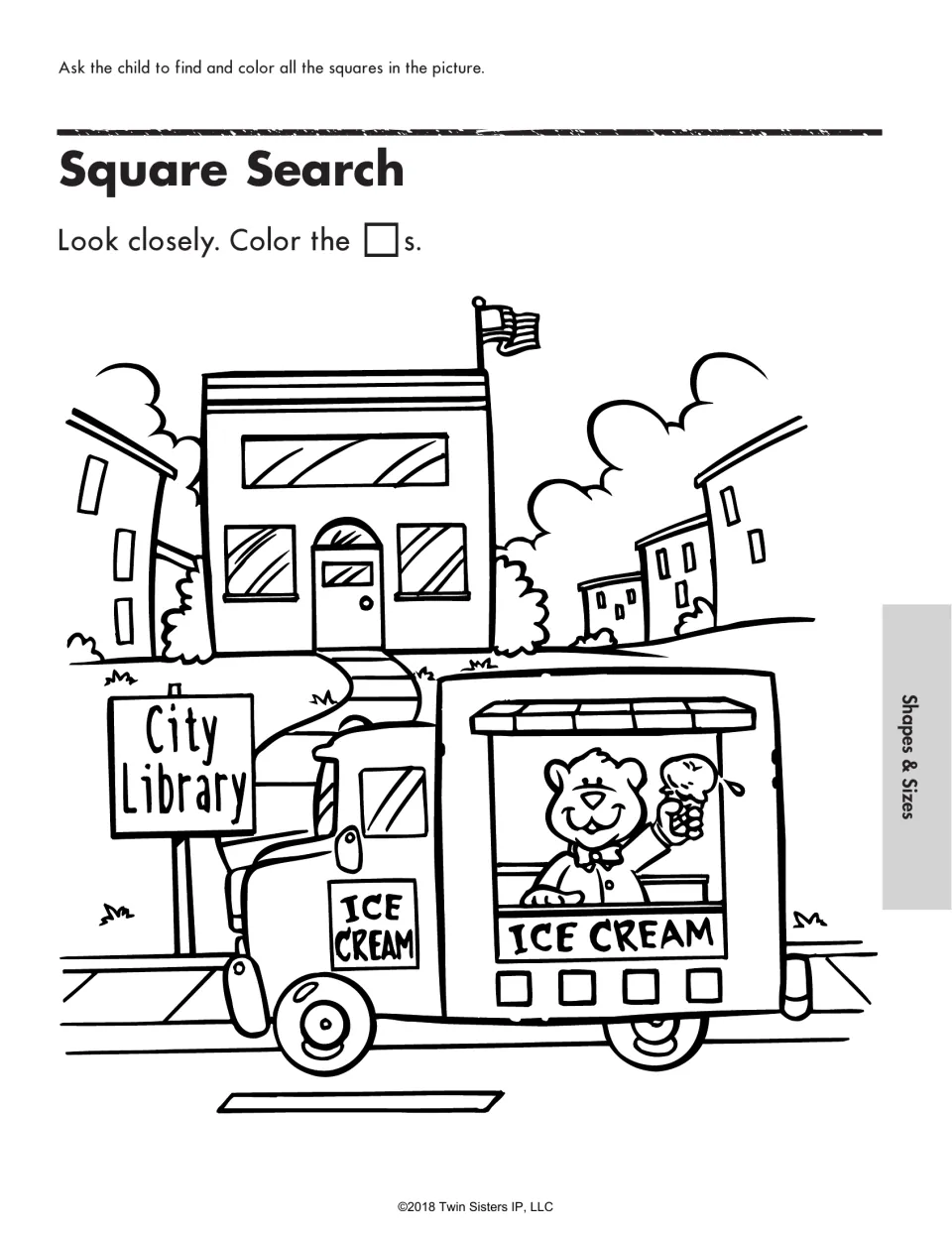 Square Search: students find and color squares in a street scene with the City Library and a bear in an ice cream truck