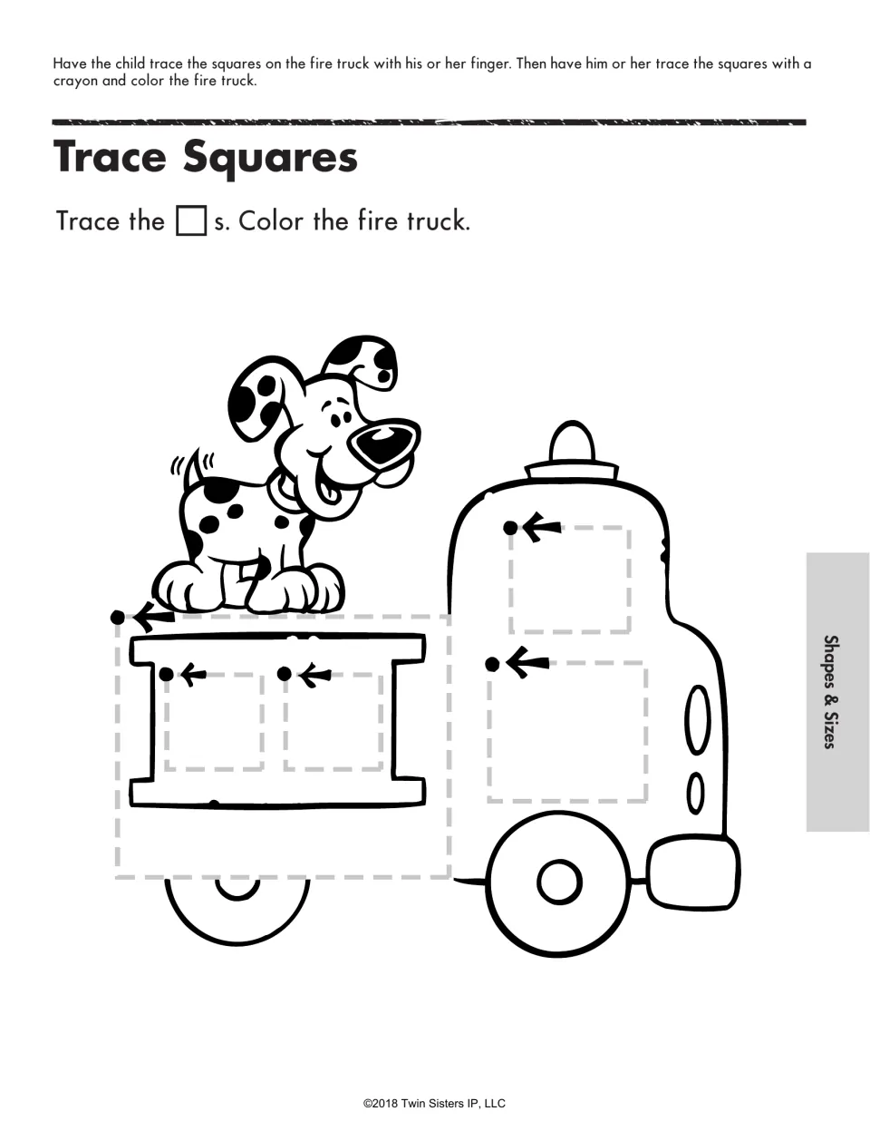Trace Squares: students trace dashed squares with start dots and arrows on a fire truck with a puppy, then color it