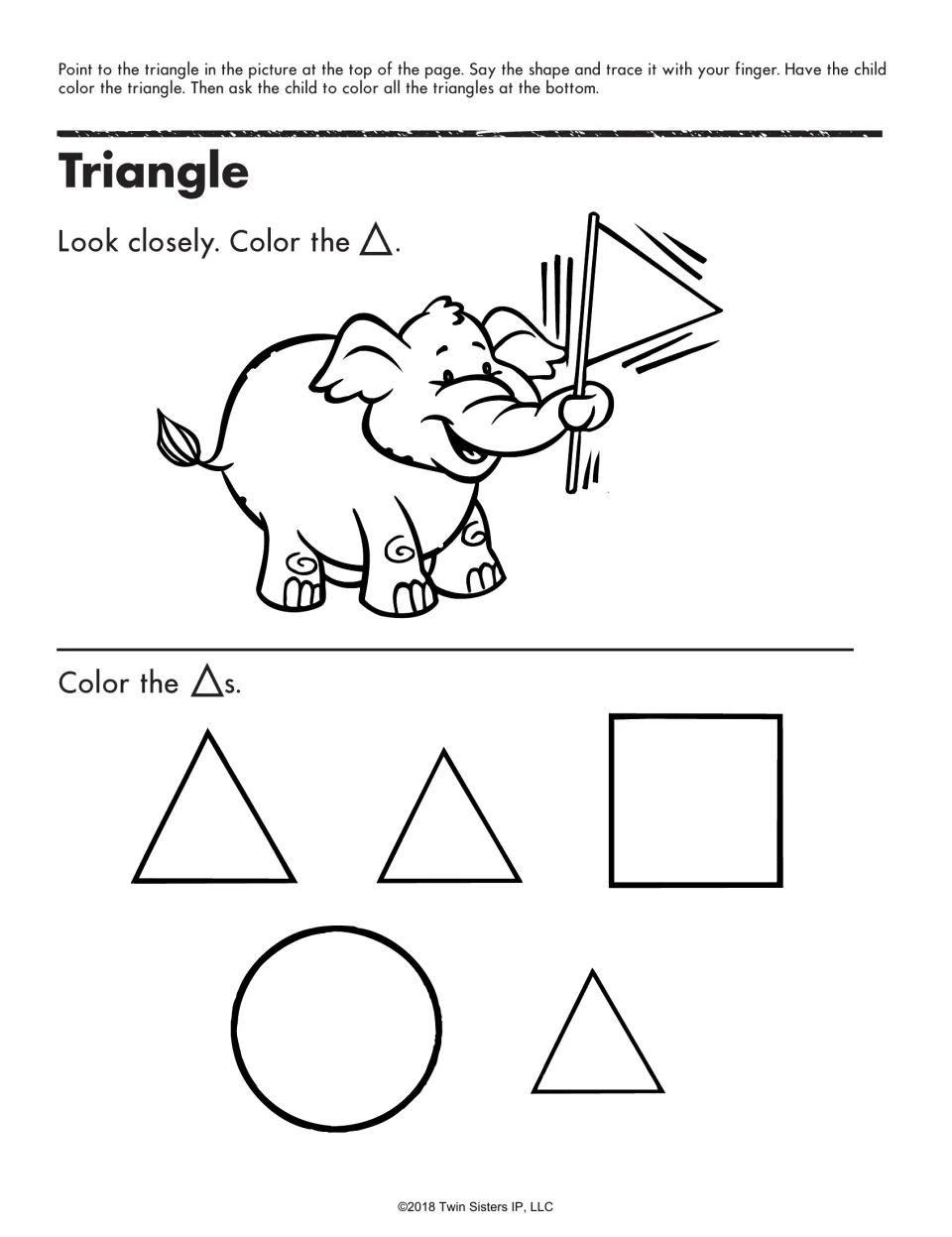 Triangle: students color the flag an elephant waves, then color the 3 triangles mixed with a square and circle below