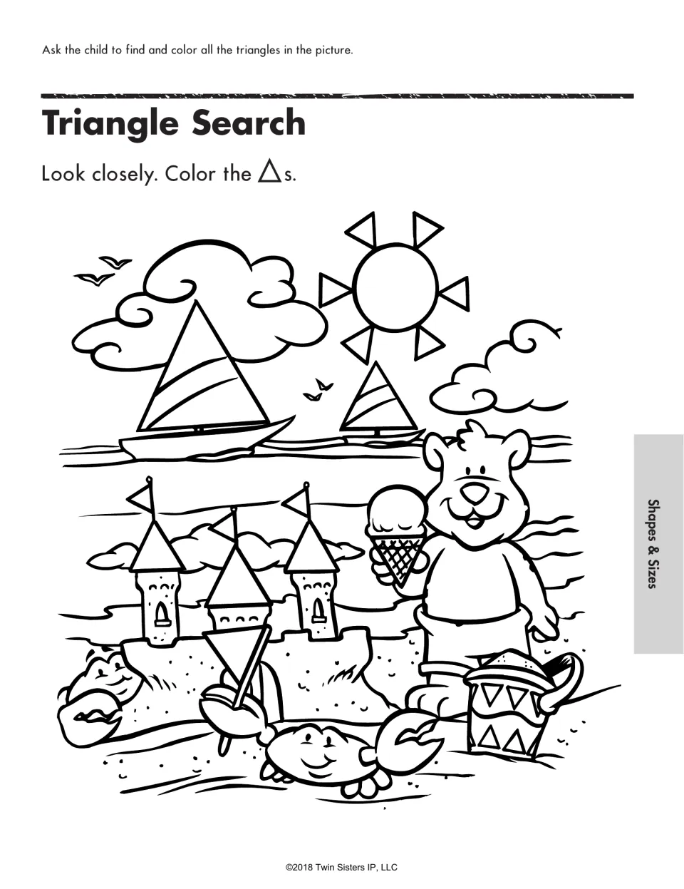 Triangle Search: students color triangles in a beach scene with sailboats, sandcastle roofs, sun rays and a pail