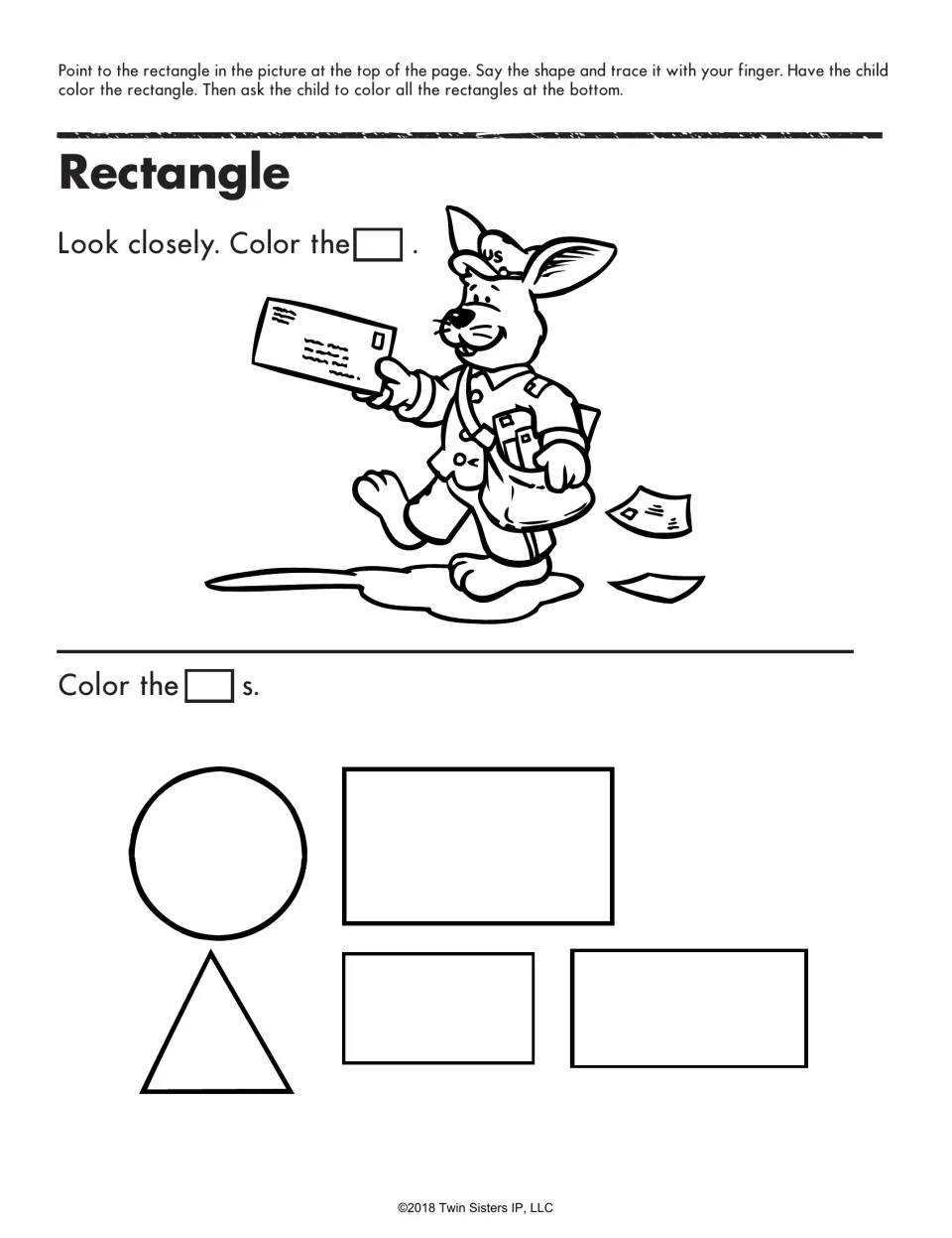 Rectangle: students color the letter a rabbit mail carrier holds, then color the 3 rectangles among other shapes