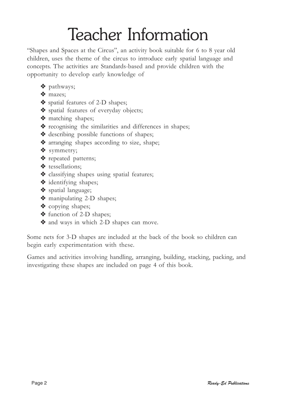 Teacher notes listing skills covered: pathways, mazes, symmetry, tessellations and 2-D shape movement