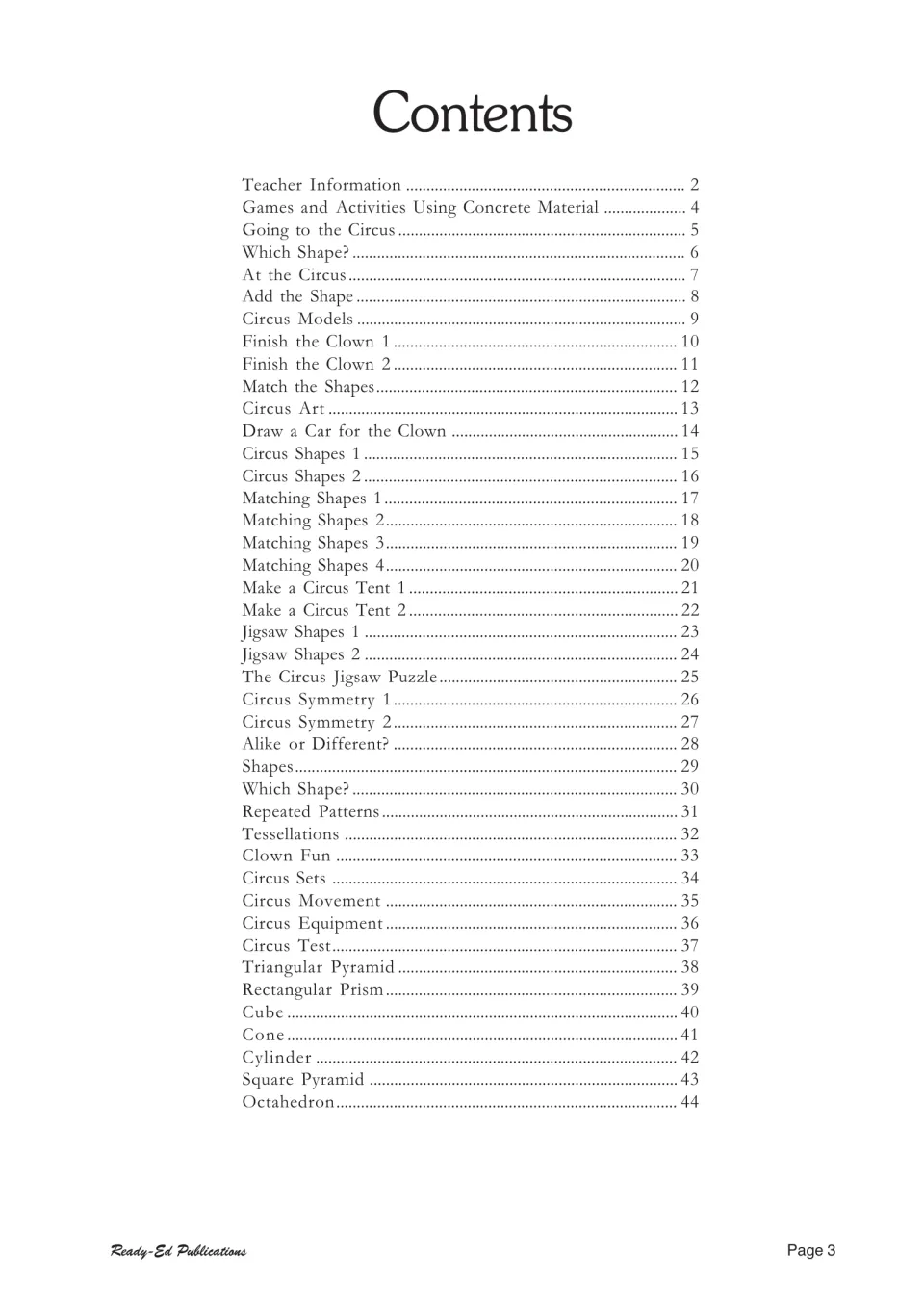 Contents: circus shape activities on pages 5–37, then 3-D shape pages from Triangular Pyramid to Octahedron