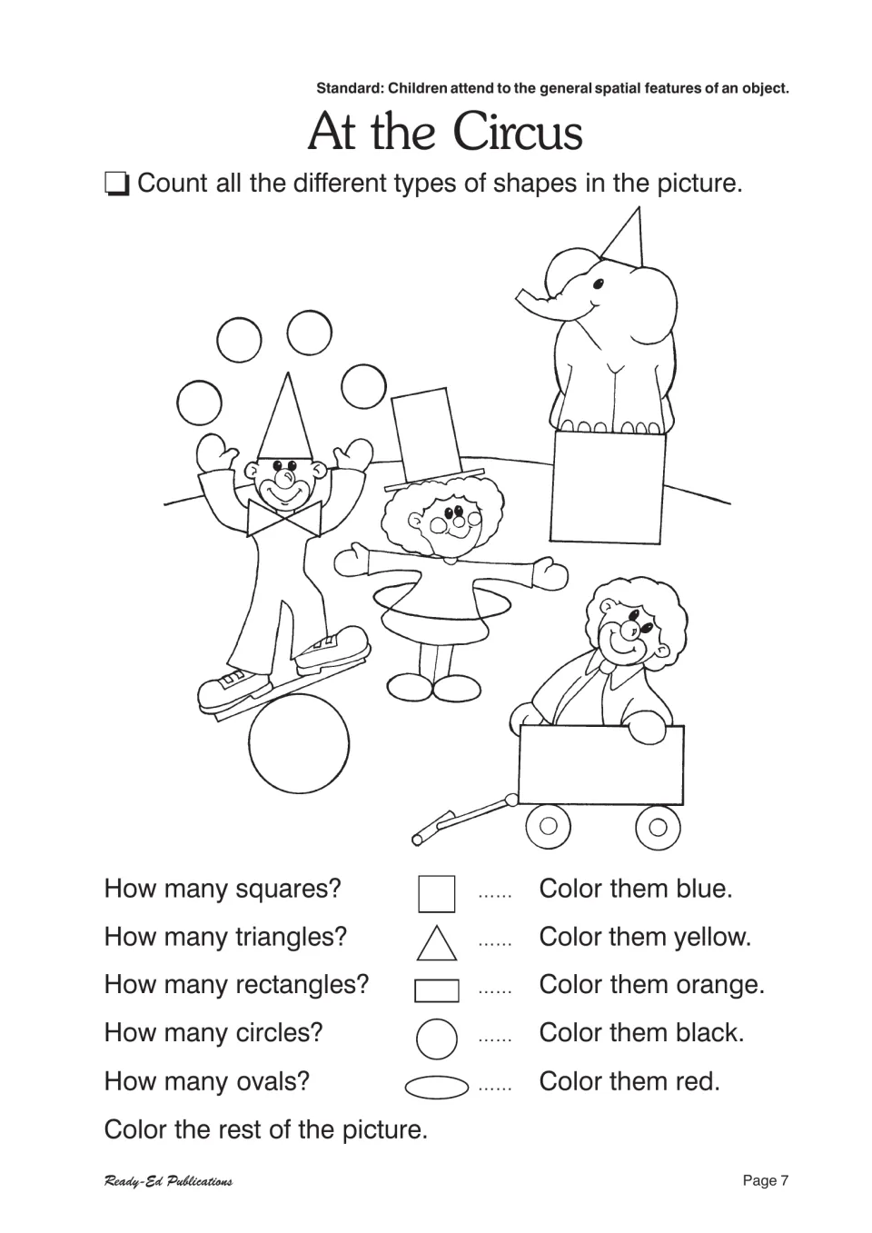 At the Circus: count squares, triangles, rectangles, circles and ovals in a clown picture and color each type