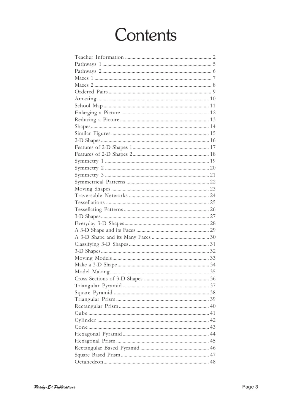 Table of contents from Teacher Information (page 2) through Pathways, Mazes and Symmetry to Octahedron (page 48)
