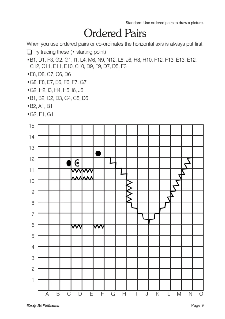 Ordered Pairs: trace coordinates such as B1, D1, F3 on an A–O by 1–15 grid to finish a partly drawn picture