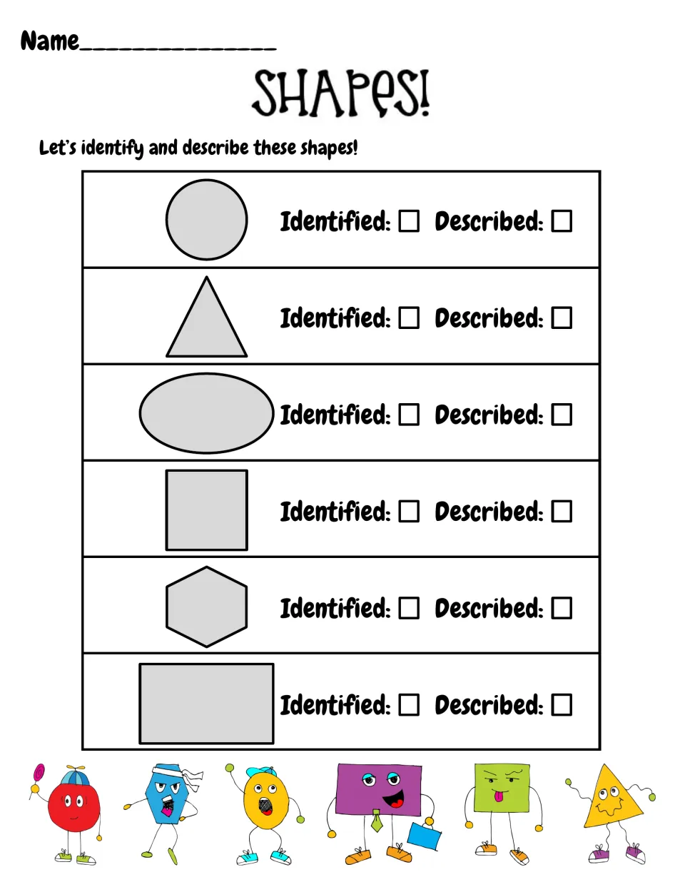 Flat shapes check: students identify and describe a circle, triangle, oval, square, hexagon and rectangle, each ticked off