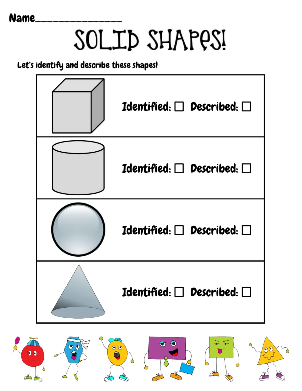 Solid shapes check: students identify and describe a cube, cylinder, sphere and cone; teacher ticks Identified and Described