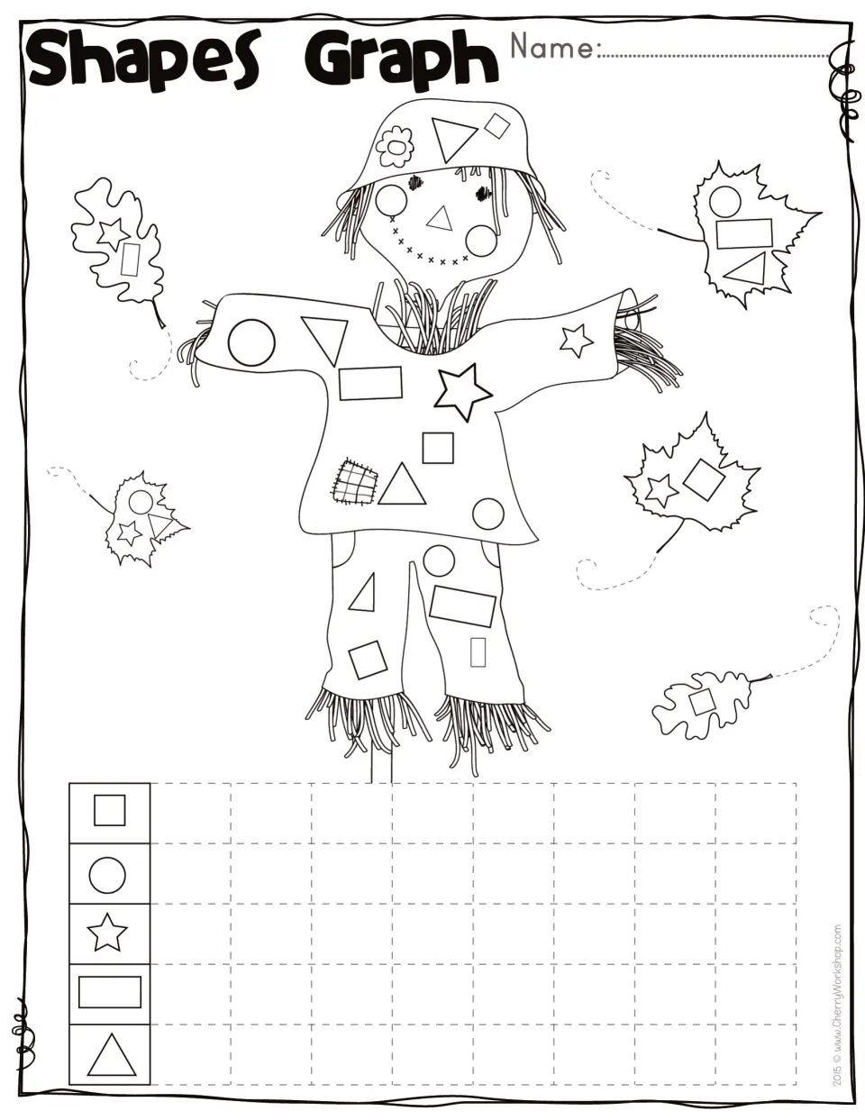 Shape-counting worksheet: find squares, circles, stars, rectangles, and triangles on a scarecrow and leaves.