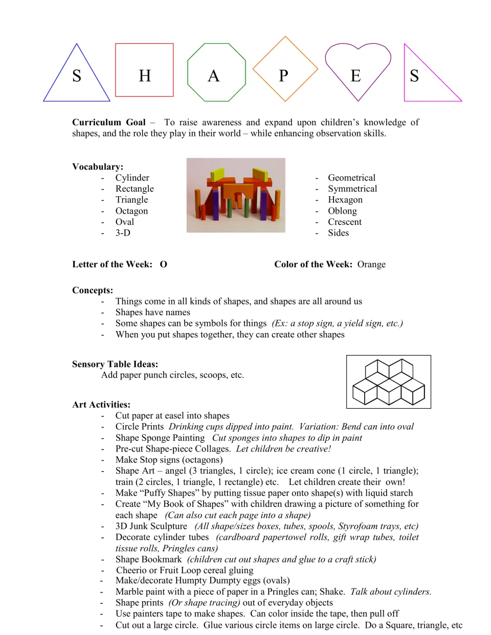 Shapes curriculum introduction: vocabulary, letter O, color orange, concepts, sensory ideas, and art activities