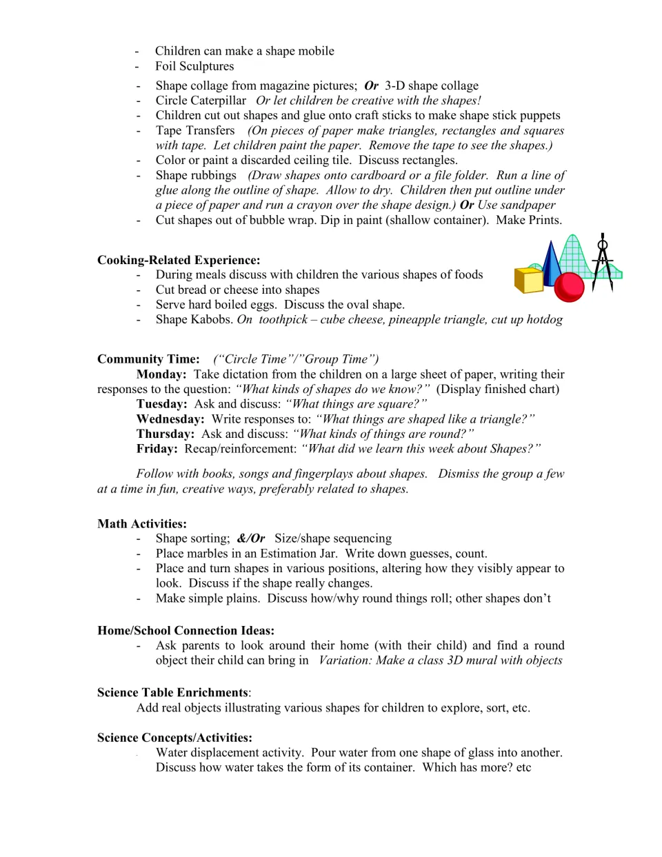 Shapes activity plans continue with art, cooking, daily circle time prompts, math, and water exploration