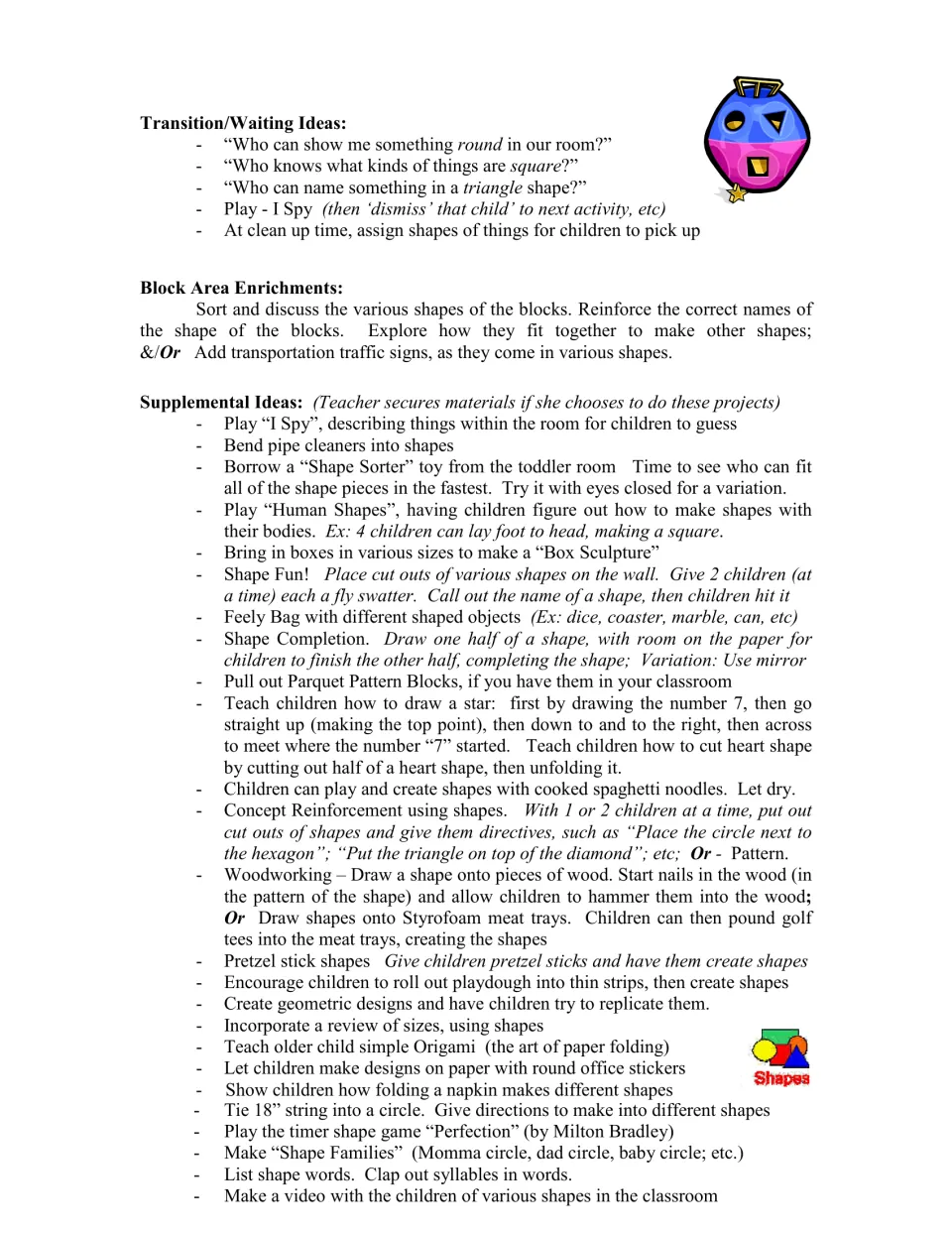 Shapes curriculum ideas for transitions, block play, body shapes, shape completion, origami, and playdough