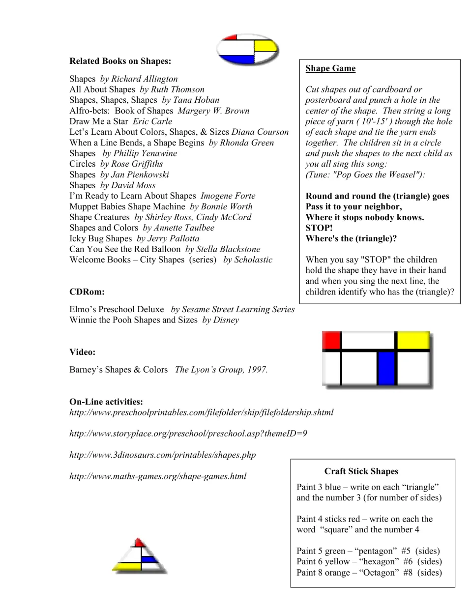 Shapes reference list of books and media, plus directions for a passing game and labeled craft stick shapes