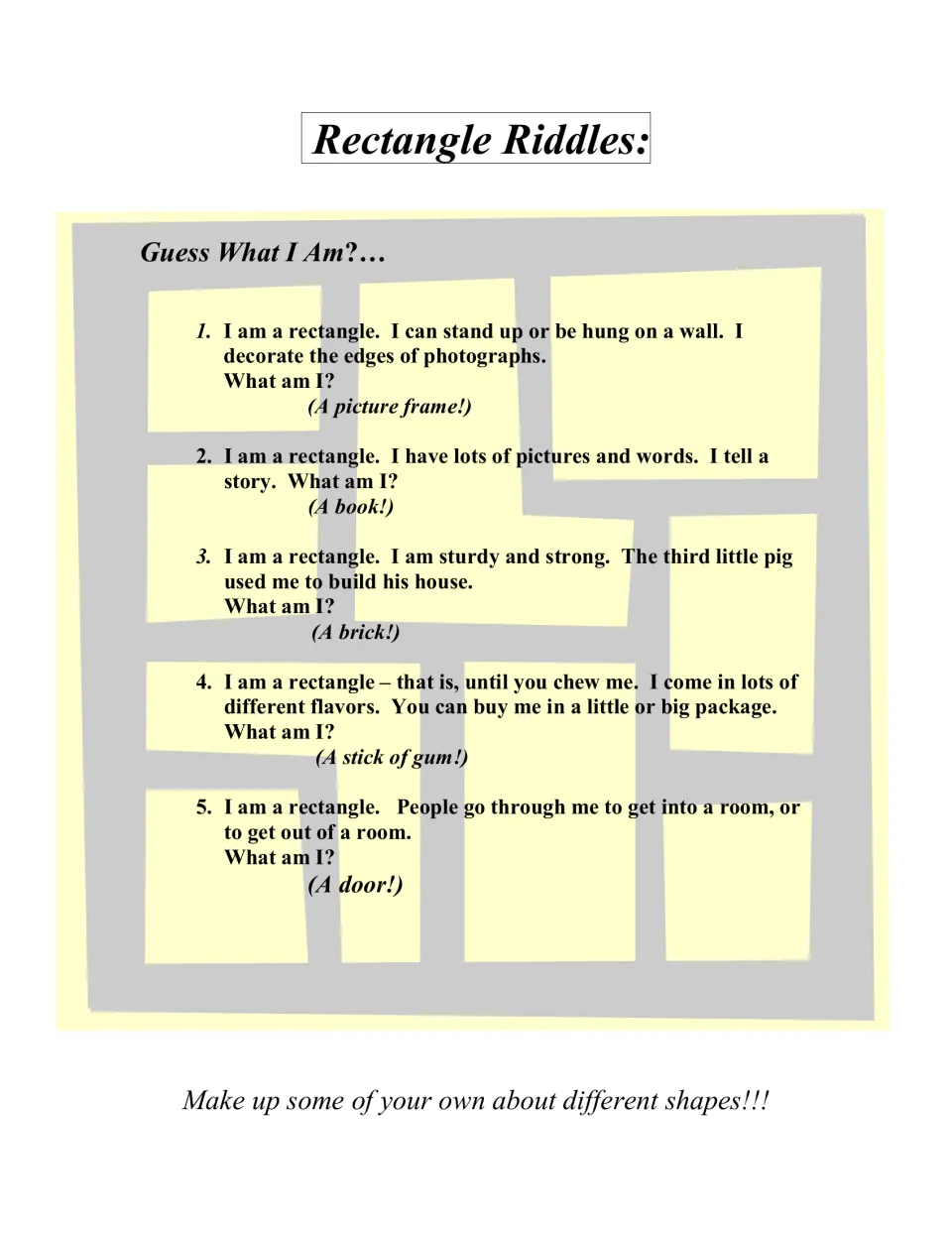 Five rectangle riddles with answers identifying a picture frame, book, brick, stick of gum, and door