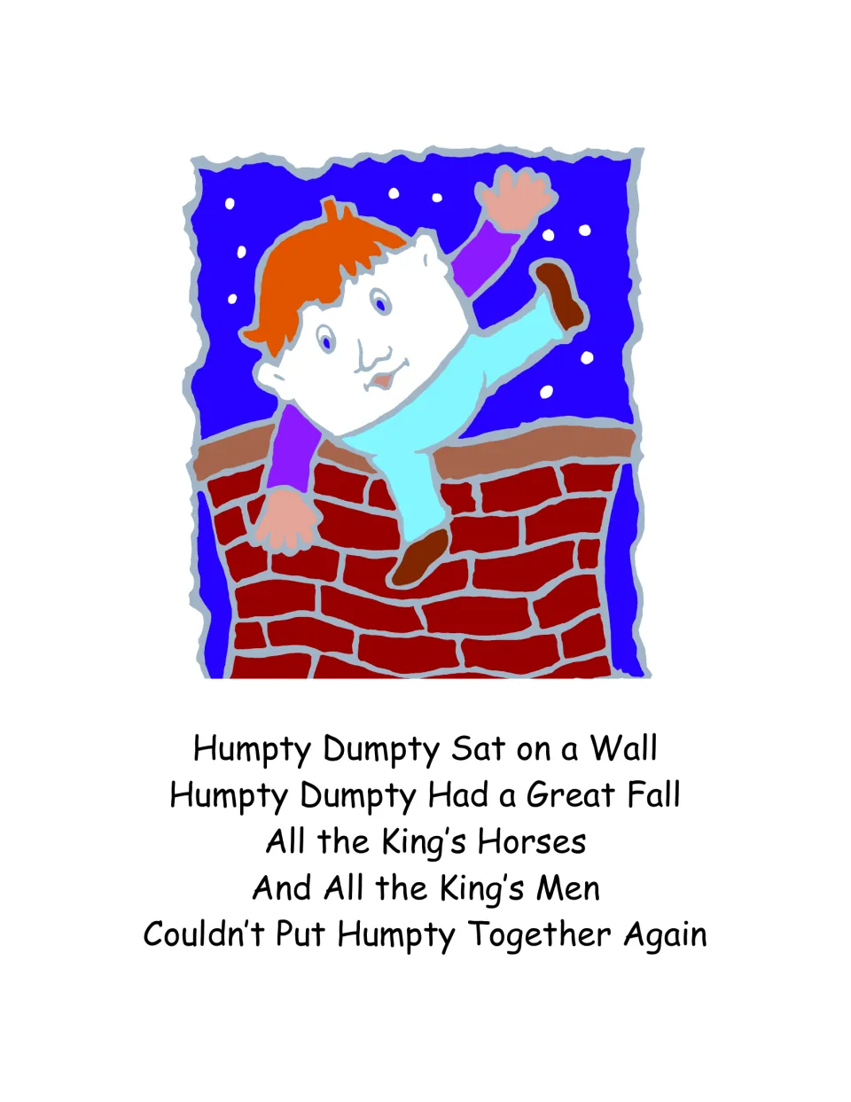 Shapes curriculum nursery rhyme page: Humpty Dumpty falls from a brick wall above the text of the rhyme