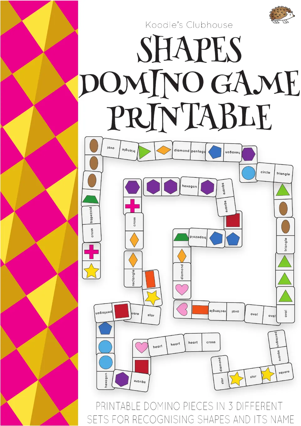 Shapes domino cover: printable pieces in 3 sets for recognising shapes and their names, shown laid out in a domino trail