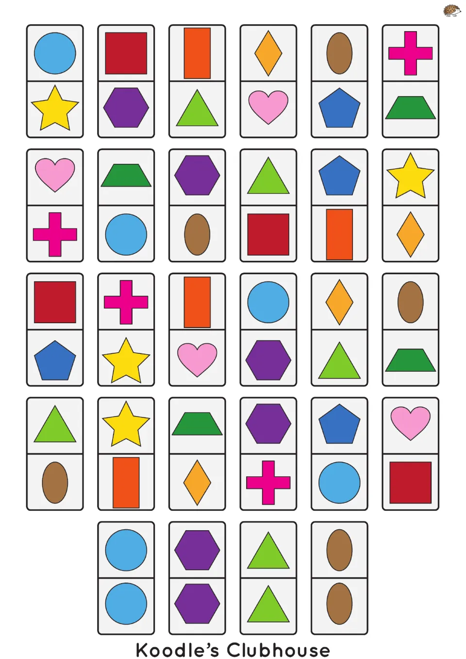 Shape-to-shape dominoes: 28 colored pieces pairing circle, star, heart, hexagon and more for matching identical shapes