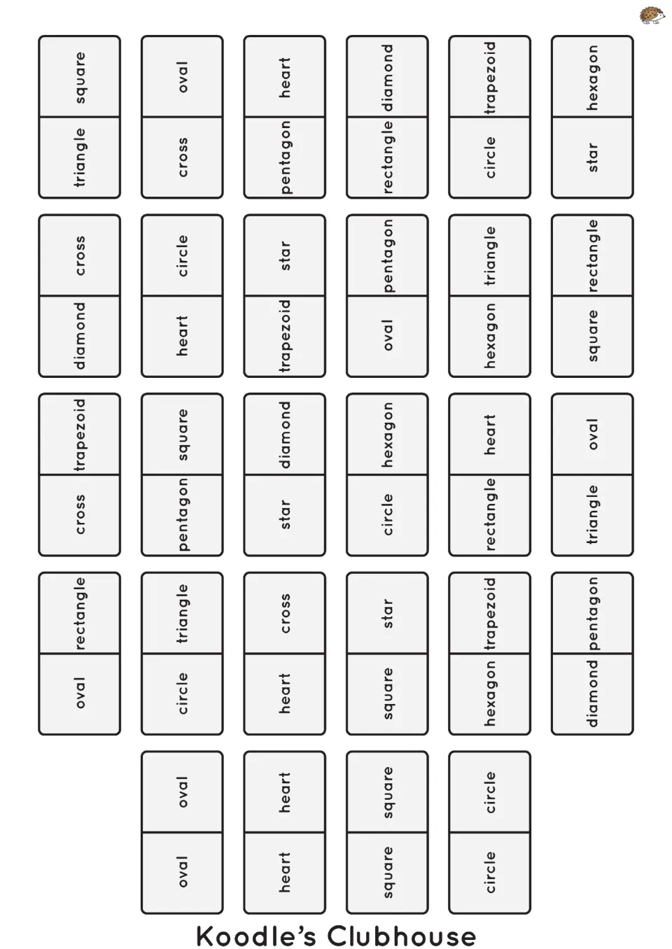 Shape-name dominoes: 28 word-only pieces such as square, trapezoid and pentagon for matching and reading shape names