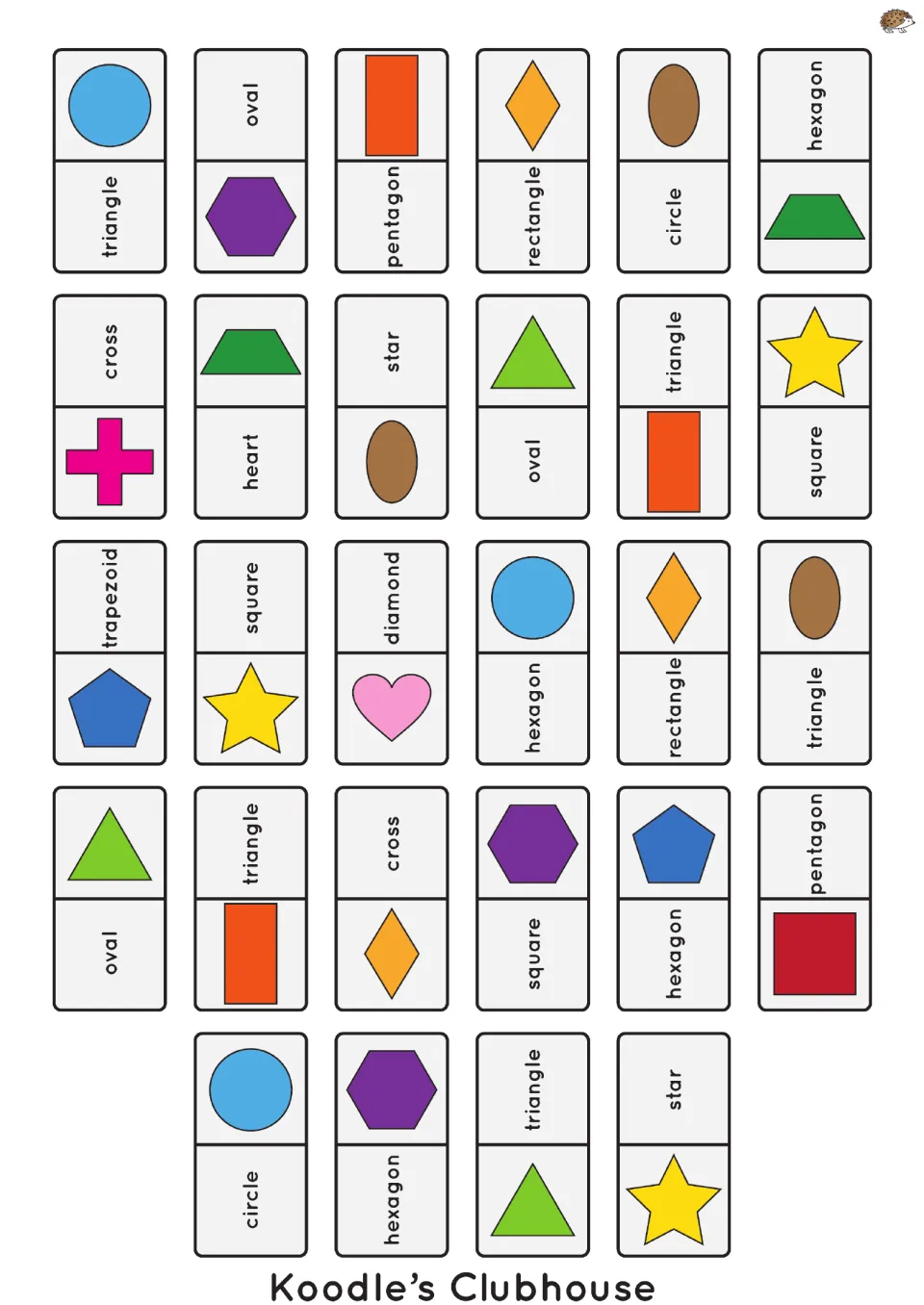 Mixed shape-and-word dominoes: 28 pieces pairing a colored shape with a name, so students match each shape to its word