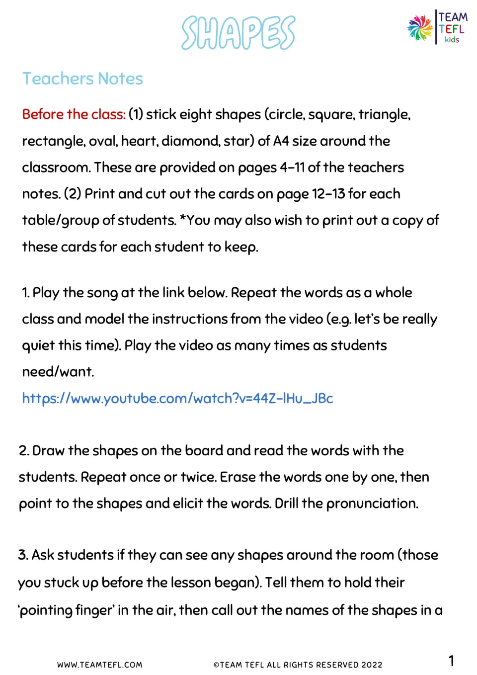Teacher notes introduce eight shapes through classroom displays, a linked song, and pronunciation practice.
