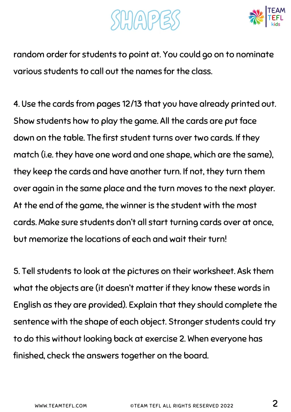 Teacher notes explain a shape-and-word memory game and sentence completion using shapes of everyday objects.