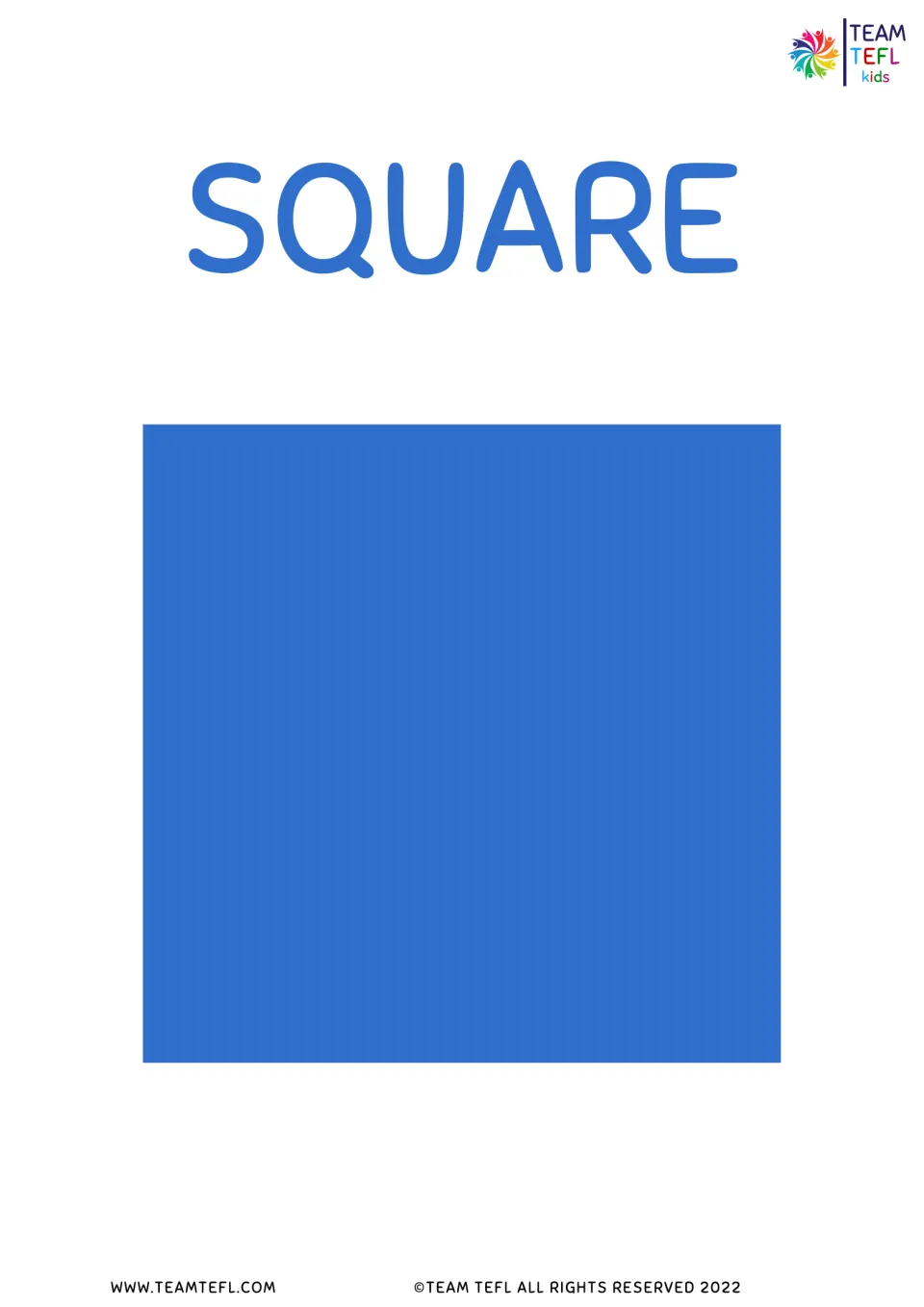 Square display for the eight-shape ESL lesson set, showing a blue square labeled SQUARE for classroom use.