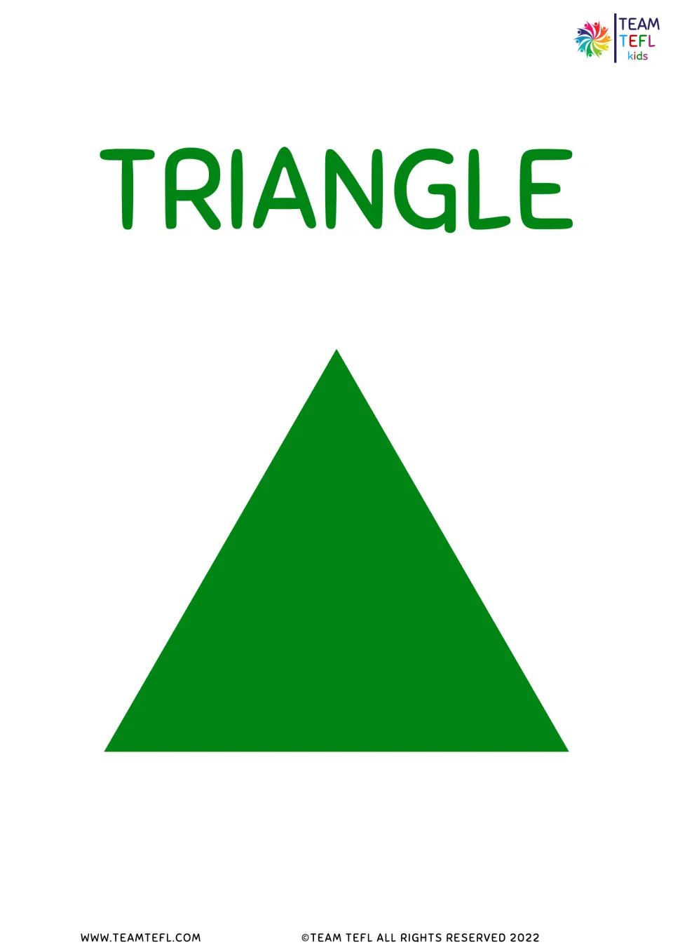 Triangle display for the eight-shape ESL lesson set, showing a green triangle labeled TRIANGLE for classroom use.