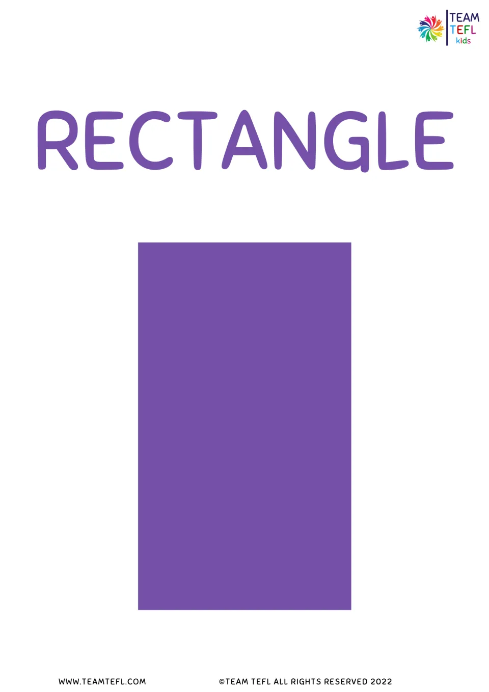 Rectangle display in the eight-shape ESL lesson set, showing a purple rectangle labeled RECTANGLE for class use.
