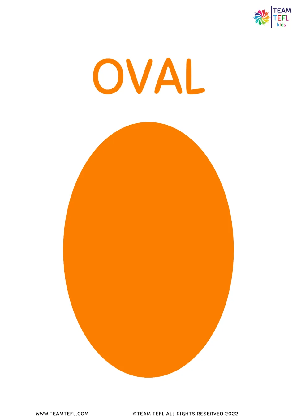 Oval display for the eight-shape ESL lesson set, showing an orange oval labeled OVAL for classroom use.
