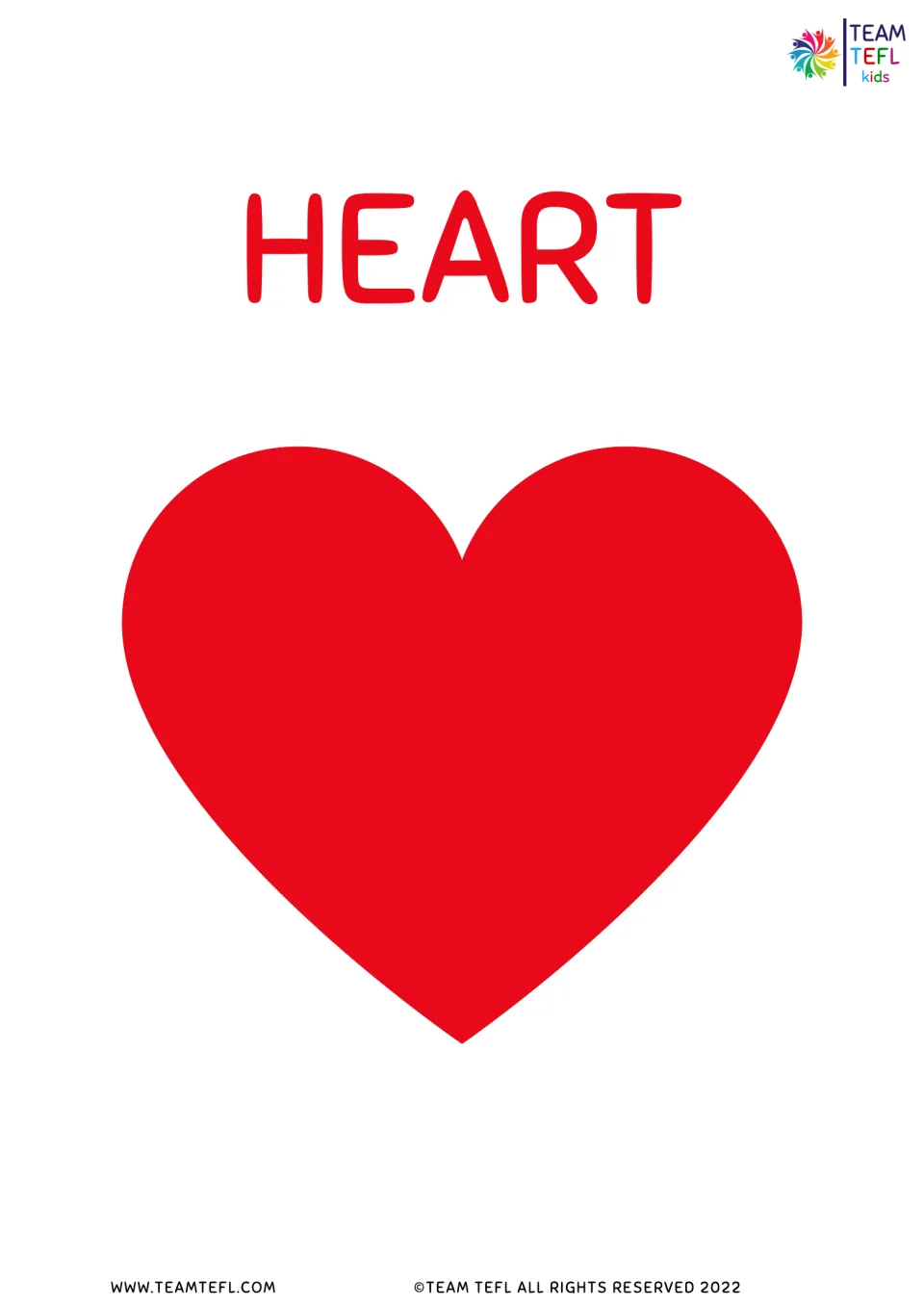 Heart display for the eight-shape ESL lesson set, showing a red heart labeled HEART for classroom use.