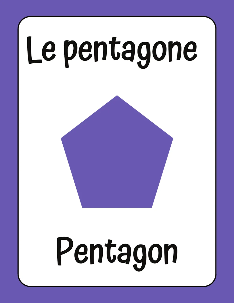 French geometry words: a purple five-sided pentagon labeled Le pentagone at the top and Pentagon in English at the bottom