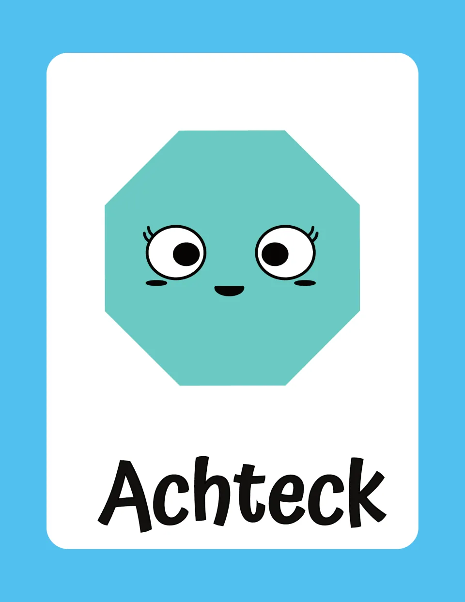 German shape flashcard 5: a teal octagon labeled “Achteck” (octagon), presented as one card on the page