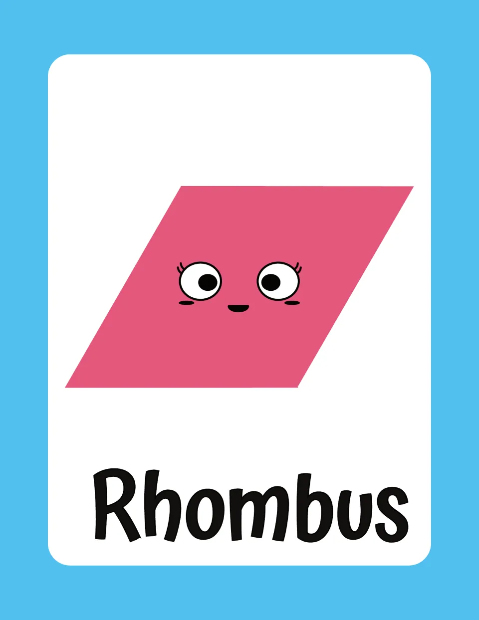 German shape flashcard 7: a pink rhombus labeled “Rhombus” (rhombus), presented as one card on the page