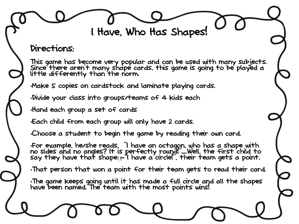 Game directions: copy and laminate cards, form teams of 4 with 2 cards each; first to call the matching shape wins a point