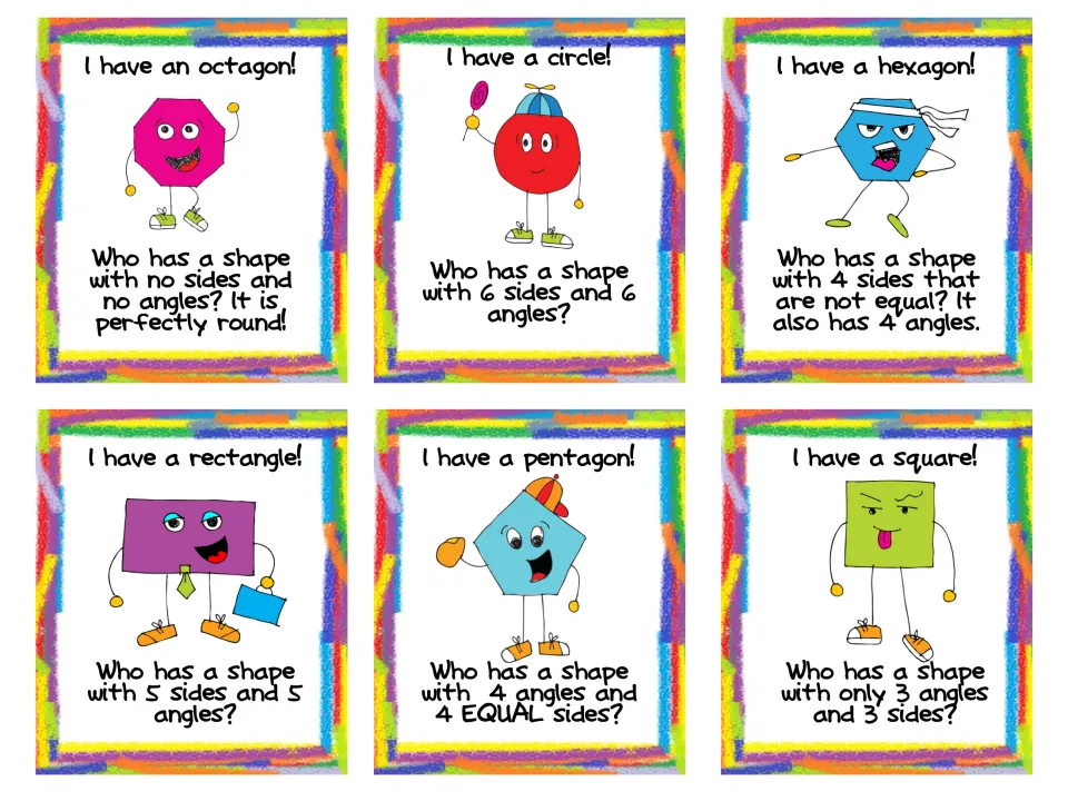 Six game cards (octagon, circle, hexagon, rectangle, pentagon, square), each with a clue asking who has the next shape