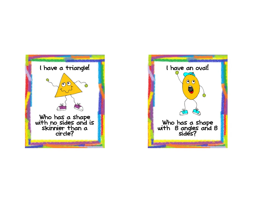 Final two game cards: triangle asks for a shape with no sides skinnier than a circle; oval asks for 8 sides and 8 angles