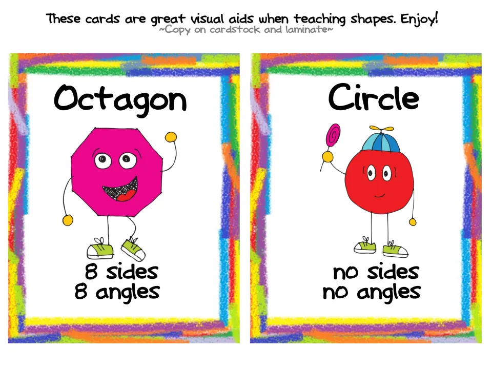 Shape vocabulary cards for display: octagon labeled 8 sides and 8 angles, circle labeled no sides and no angles