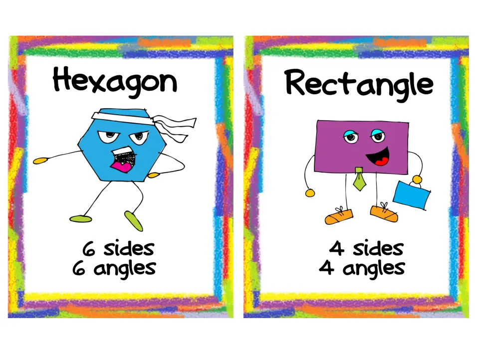 Shape attribute cards: hexagon with 6 sides and 6 angles, rectangle with 4 sides and 4 angles, each a cartoon character