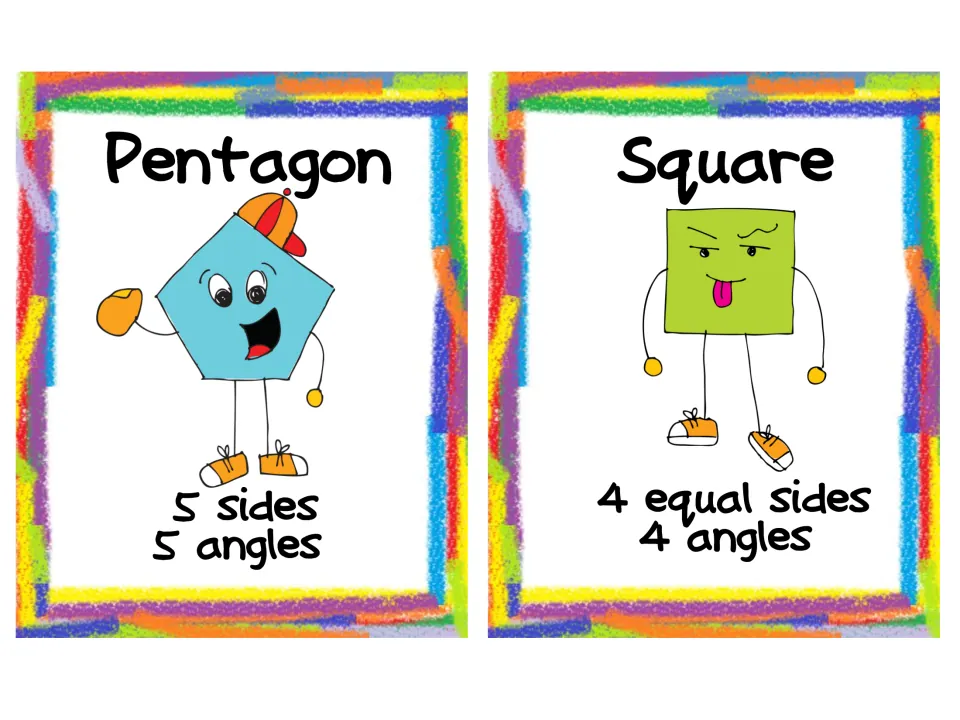 Shape attribute cards: pentagon with 5 sides and 5 angles, square with 4 equal sides and 4 angles, drawn as cartoons