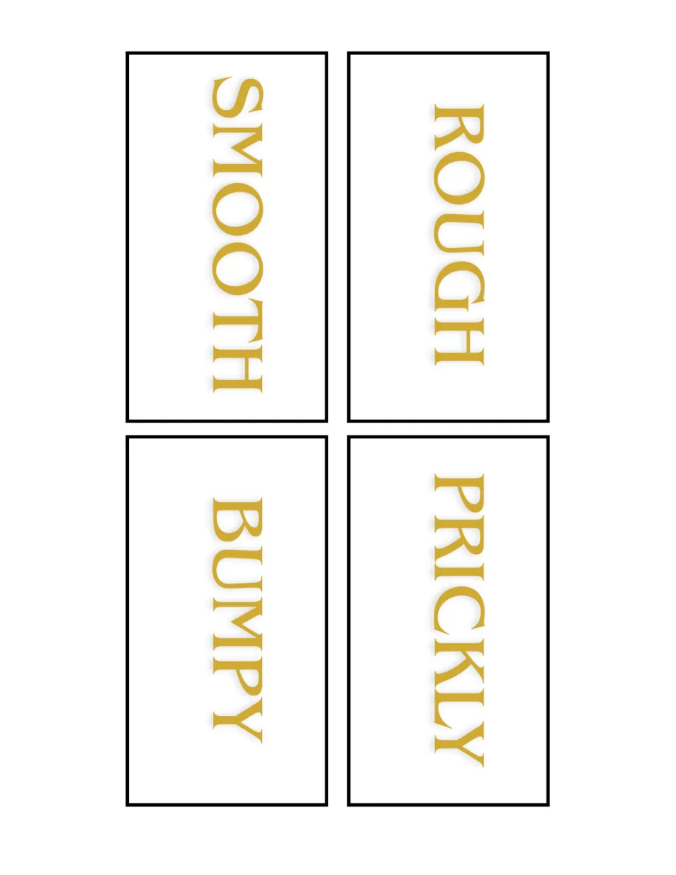 Four Sort and Sprint station signs labeled Rough, Prickly, Smooth, and Bumpy for sorting nature objects by texture