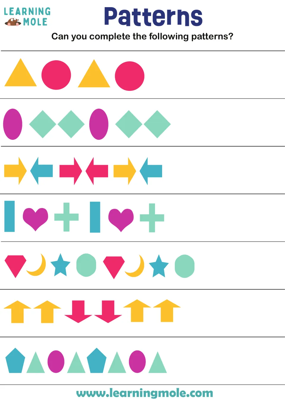 Shape pattern activity: complete seven sequences using triangles, circles, arrows, hearts, and other shapes