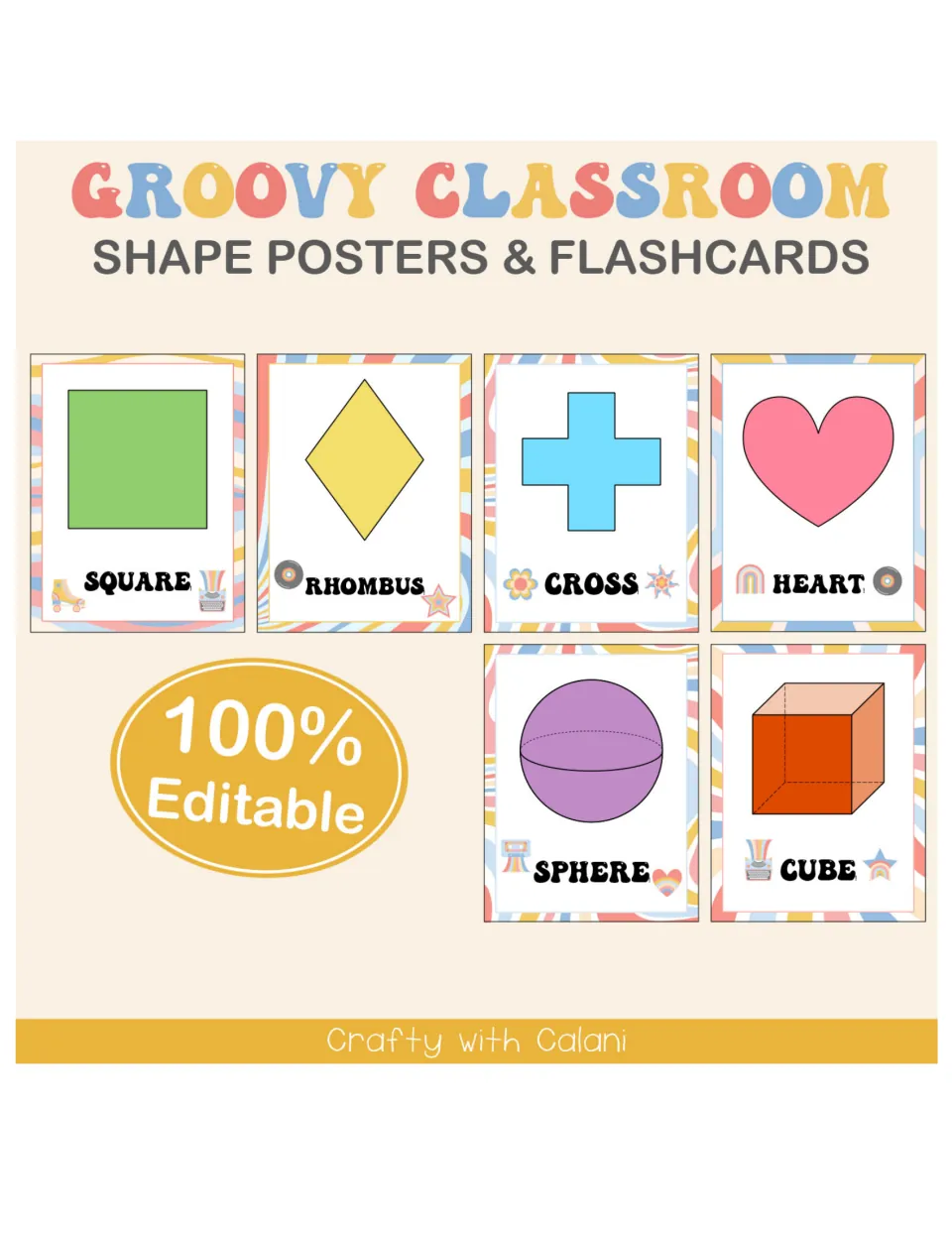 Cover for the shape poster and flashcard set, showing square, rhombus, cross, heart, sphere, and cube