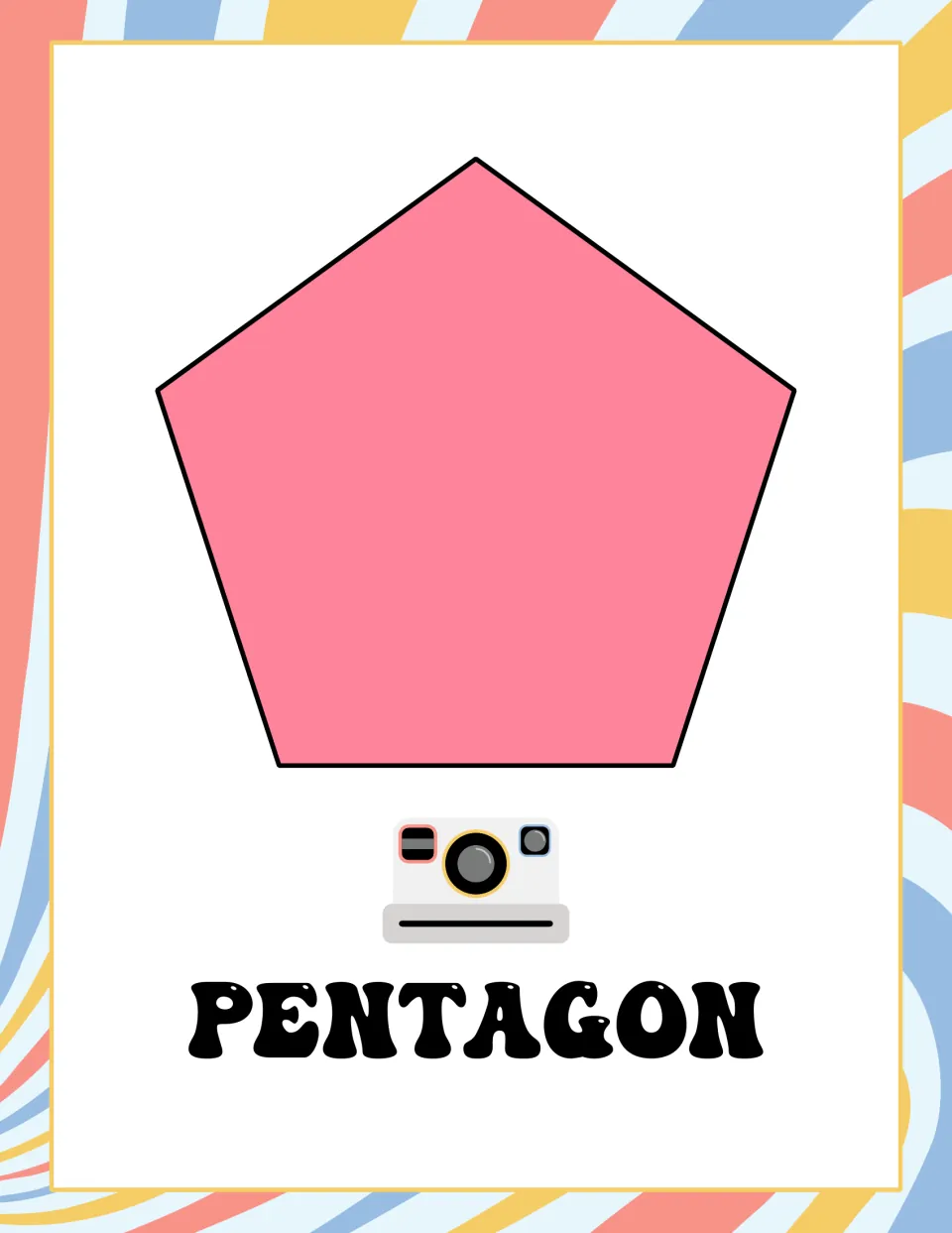 Pentagon poster in the 2D shape set, showing a pink pentagon labeled “PENTAGON” for shape recognition